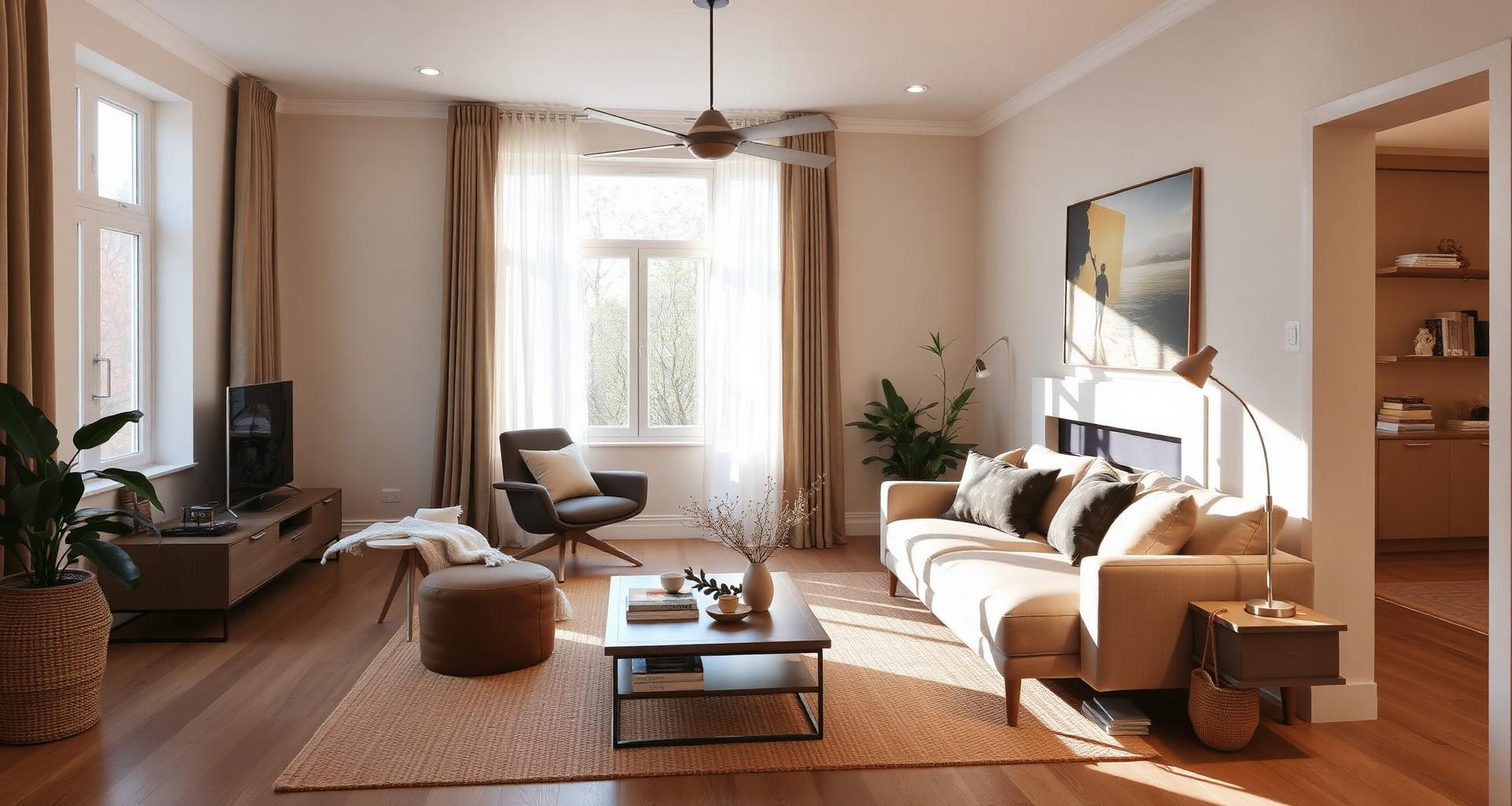 Cozy modern living room with warm earth tones and stylish furniture